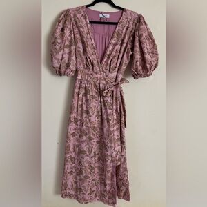 Amalie Cotton Linen Blend Pink Floral Wrap Around Dress